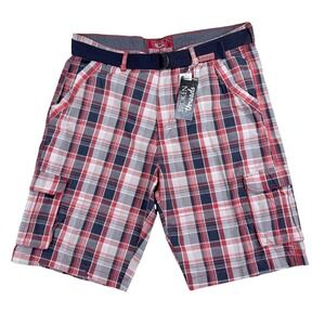 Broken Threads Cargo Shorts Mens 40 Red Black Plaid Cotton Belted Gorpcore